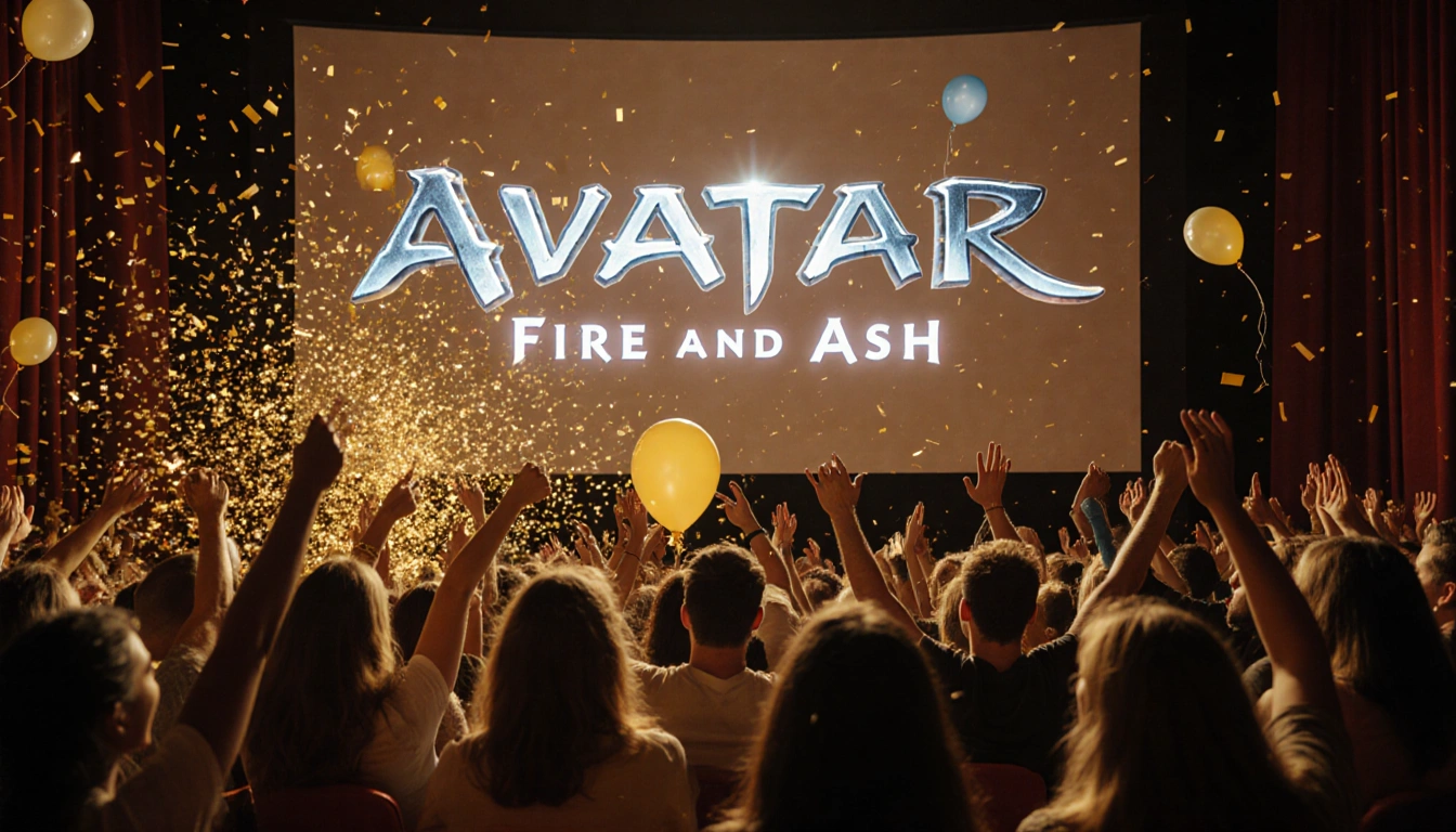 Crowd of moviegoers cheering with confetti and balloons while the screen displays Avatar: Fire and Ash