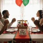 People clasping hands around a table with a baby sign and colorful decorations.