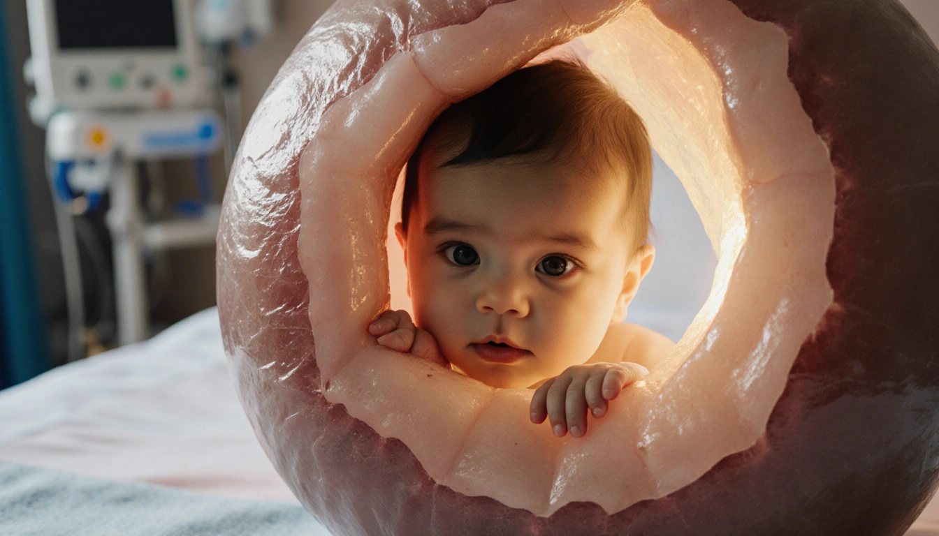 Baby peeks out from a large oval cyst with warm golden hopeful light and a blurred hospital bed in the background