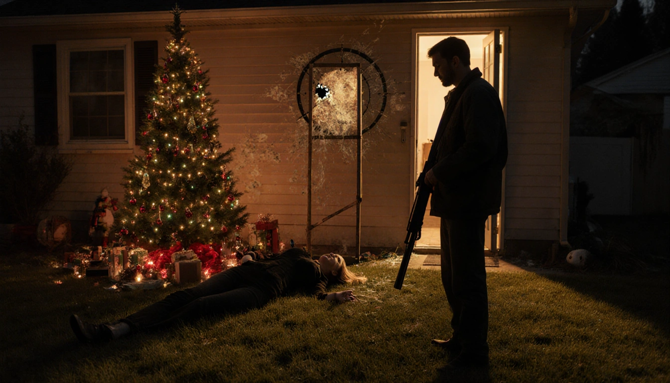 Shooter stands in doorway holding shotgun with bullet hole visible in wall and body lies near Christmas tree with lights.