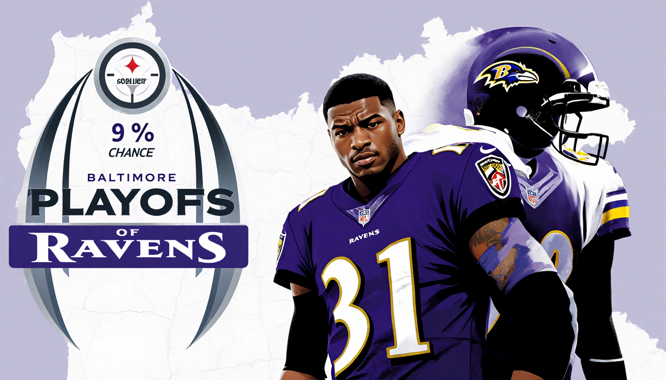Baltimore Ravens stand outside with playoff outline and Lamar Jackson injured, 9% chance gauge near, faint Steelers logo.