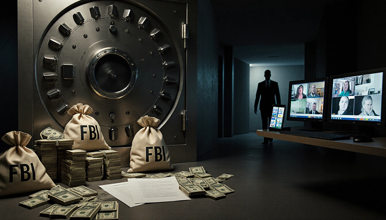 Vault opening with stacks of money and documents near surveillance screens