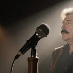 Mic stand glowing with spotlight and nostalgic silhouette of Barry Manilow