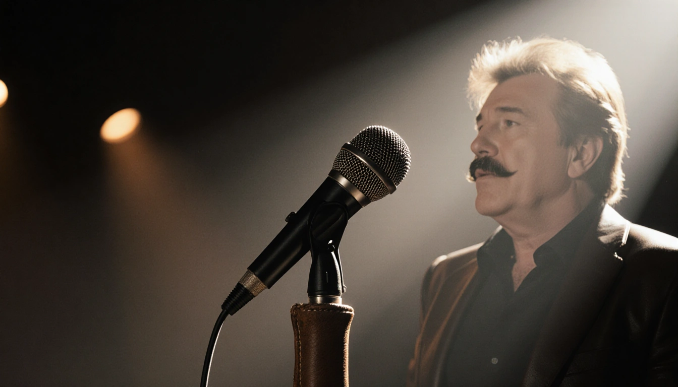 Mic stand glowing with spotlight and nostalgic silhouette of Barry Manilow
