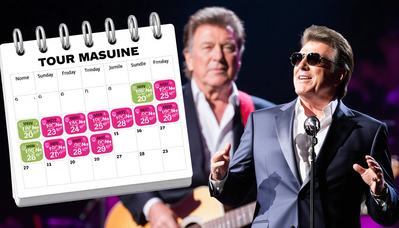 Illustration showing Barry Manilow's rescheduled tour dates with a calendar and blurred Las Vegas backdrop.