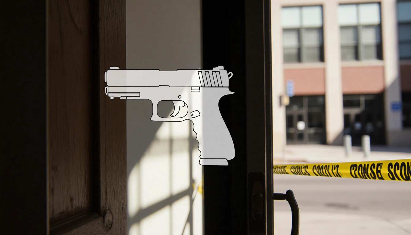 Classroom door opens slightly with a 9mm handgun silhouette and sunlight casting long shadows over blurred Hope Street