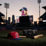 Abandoned baseball cap lies on grass with shattered bat and suitcase in dimly lit stadium at dusk