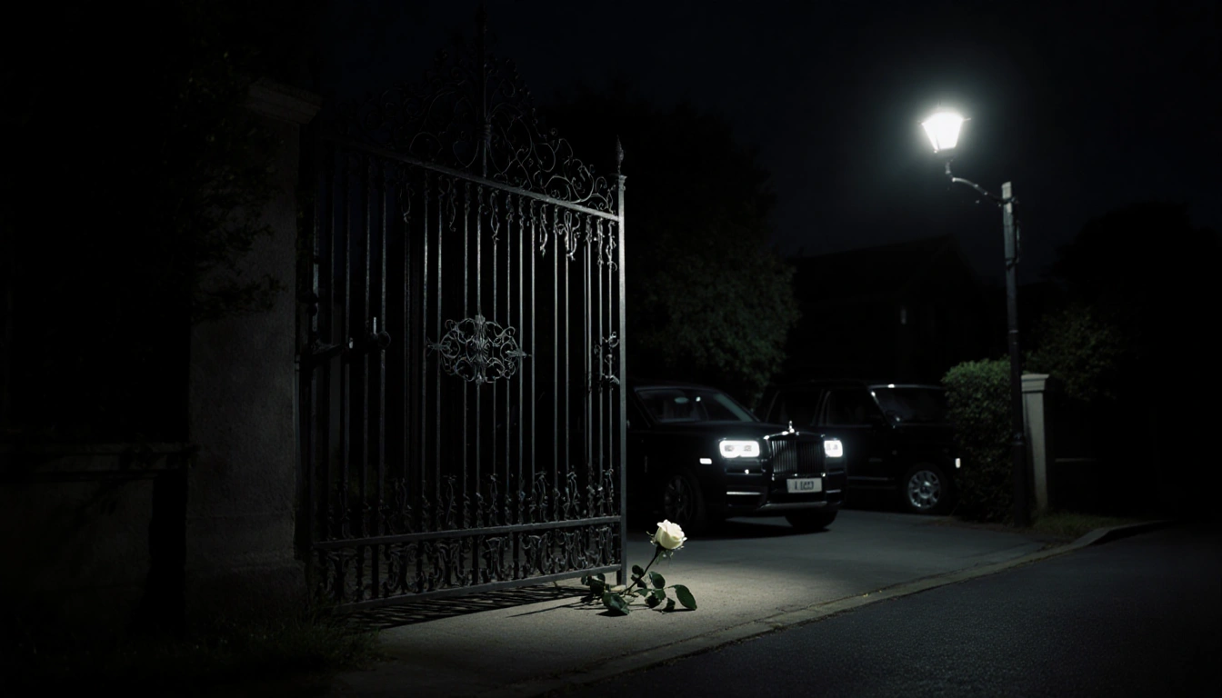 Person standing near ornate iron gate opening with white rose on ground and streetlamp providing subtle light.