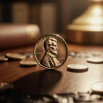 Antique penny centered on a dark wood table with coins scattered around it, casting a warm glow.
