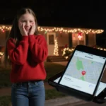 Young girl standing in front of smartphone with parental controls screen active and relieved expression.