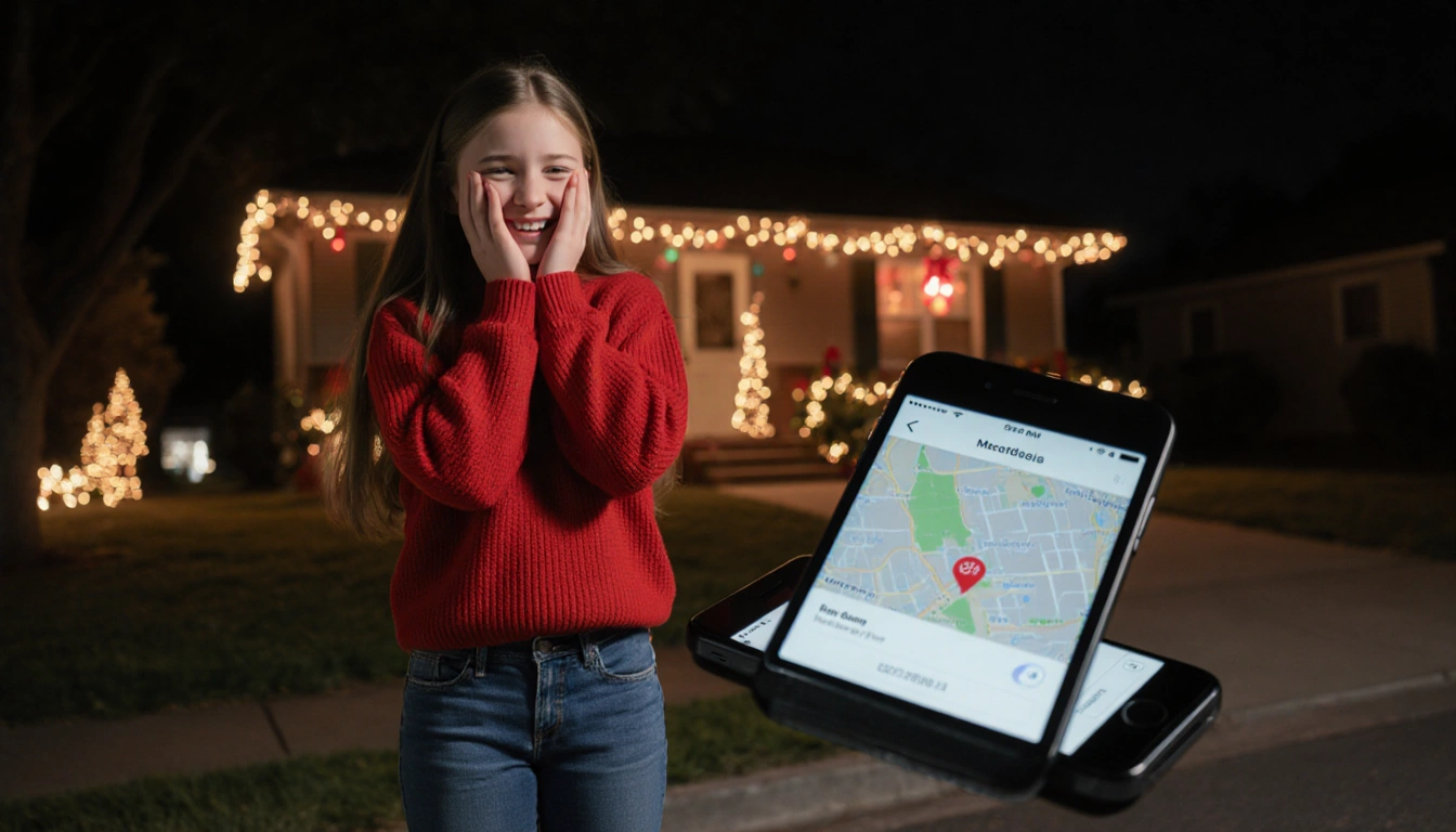 Young girl standing in front of smartphone with parental controls screen active and relieved expression.