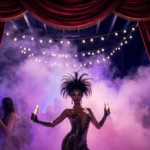 Glamorous woman in feathered headdress strikes pose surrounded by swirling purple pink smoke near twinkling string lights and
