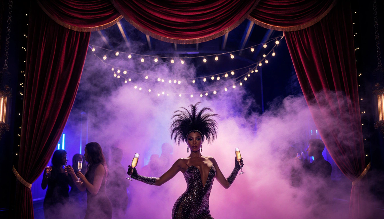 Glamorous woman in feathered headdress strikes pose surrounded by swirling purple pink smoke near twinkling string lights and