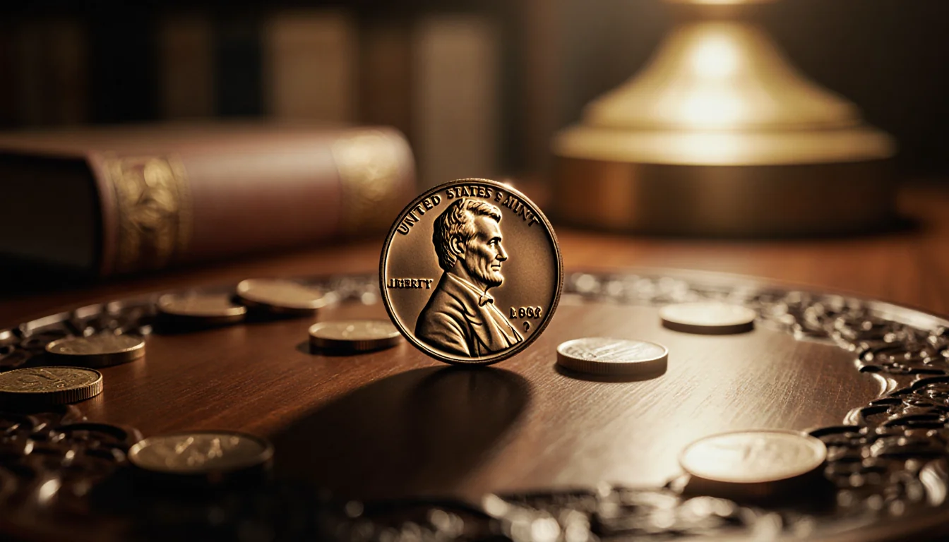 Antique penny centered on a dark wood table with coins scattered around it, casting a warm glow.