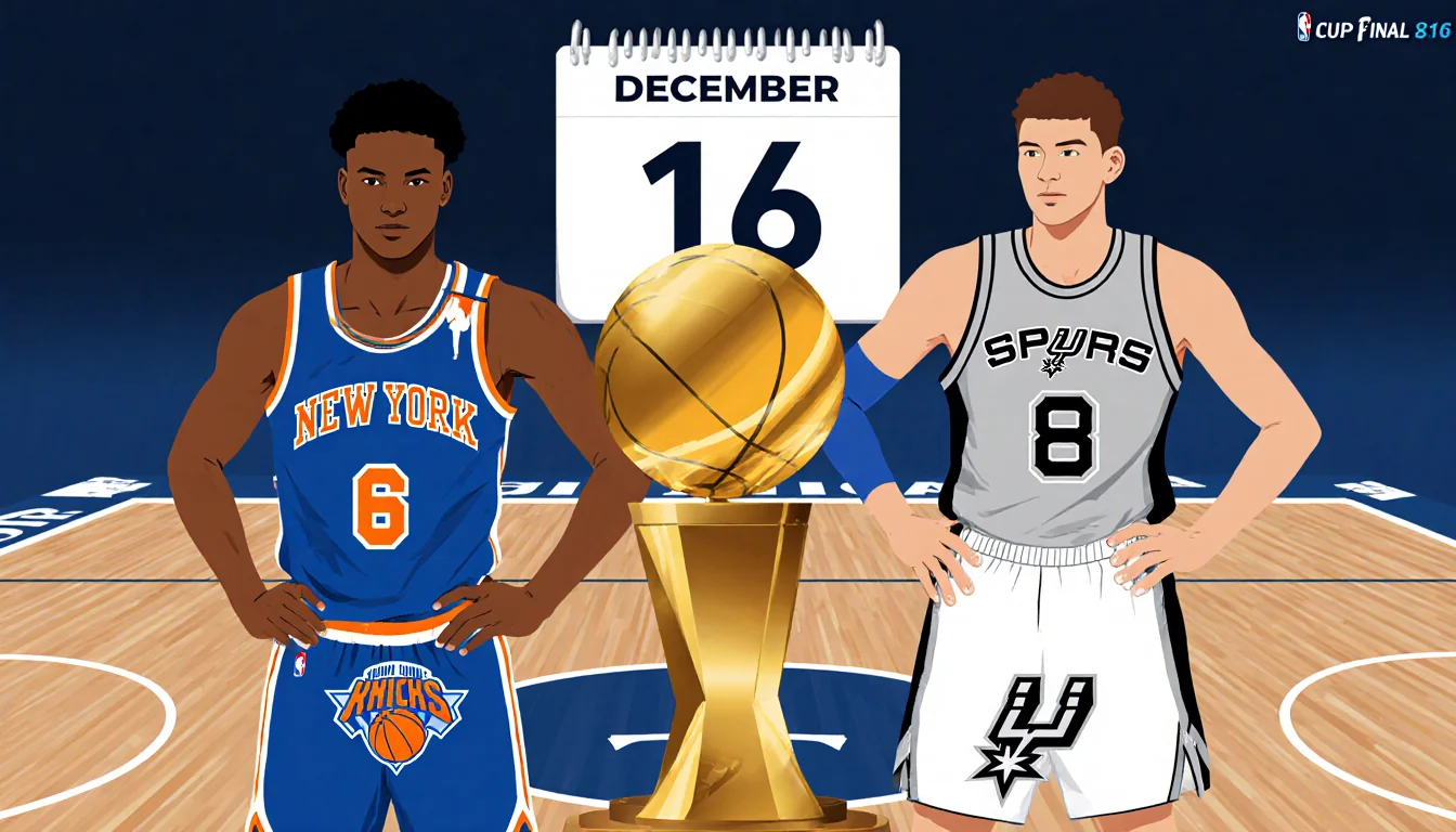 Knicks and Spurs face off in basketball with trophy between them and stars scoring on court for NBA championship