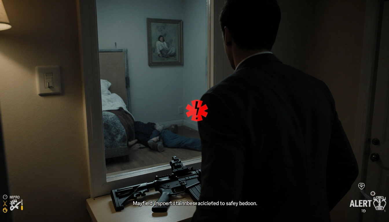 Mayfield turns toward bedroom with rifle on dresser and trigger visible victim lying in background