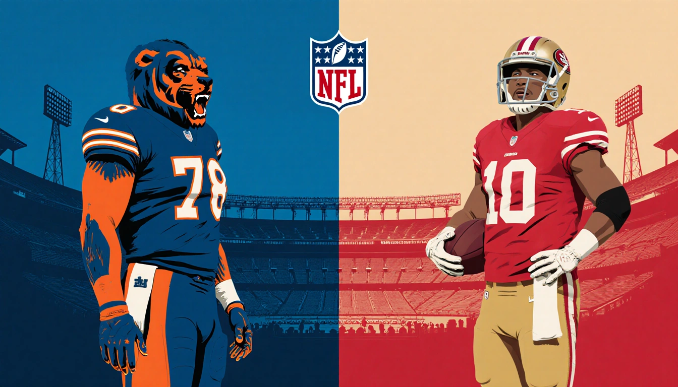 Two football teams stand Bears in blue and orange on left and 49ers in red and gold on right stadium outlines behind.