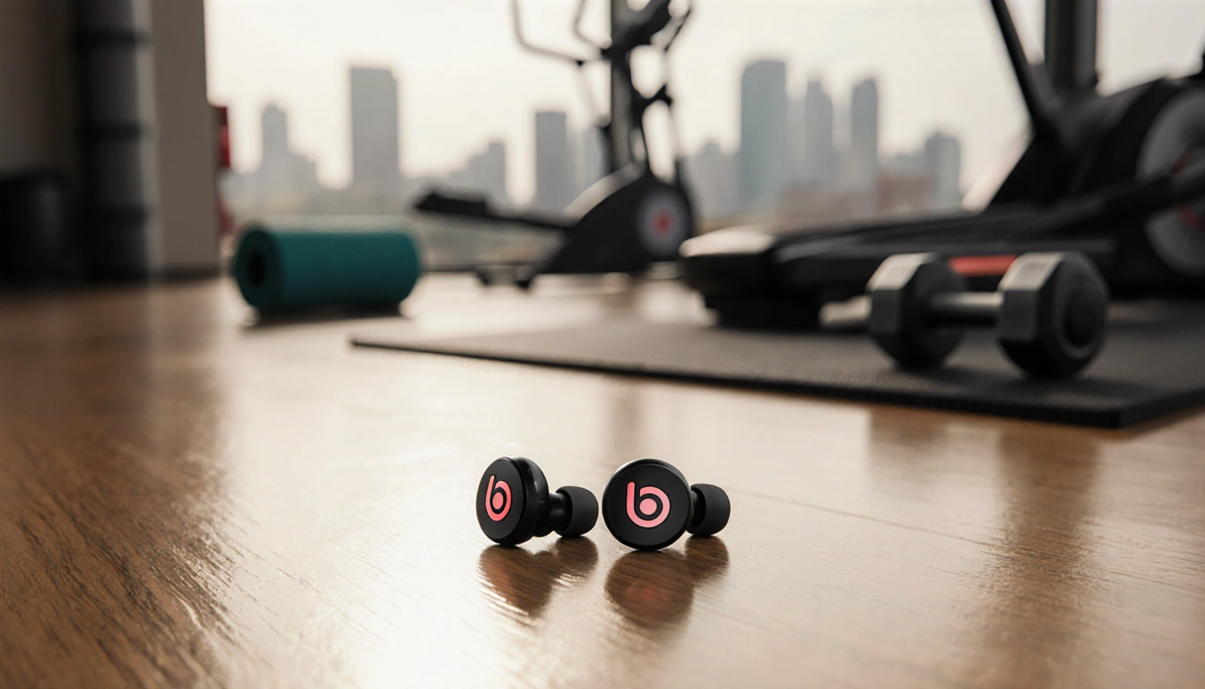 Black Beats Powerbeats Fit earbuds resting on a wooden floor with a gym setting and a blurred cityscape behind for workout.