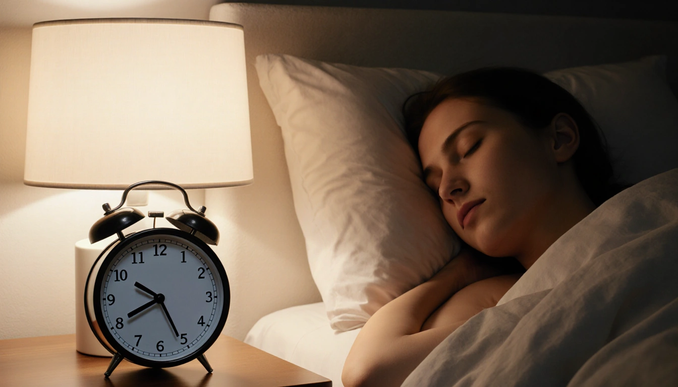 Sleeping person lies in a dimly lit bedroom with a bedside clock pointing to a distant time zone and subtle jet lag.