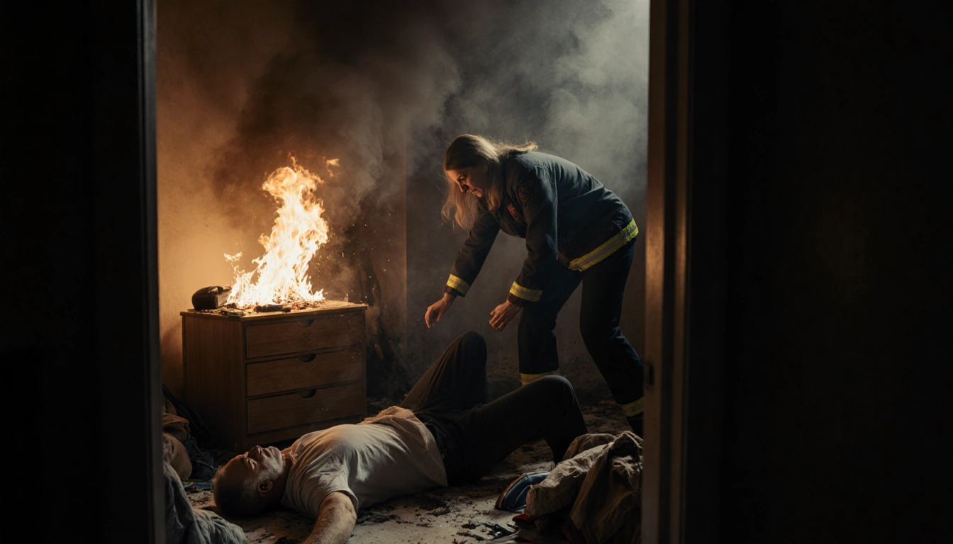 Father lies on floor with smoke and flames engulfing dresser while mother is pulled away by responders.