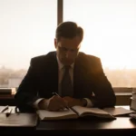 Ben Sasse sitting at his desk with head bowed in introspection and a warm sunset glow in background with an open leather-boun
