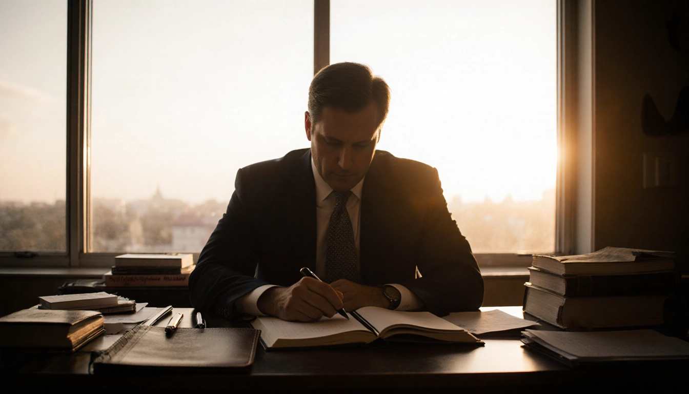 Ben Sasse sitting at his desk with head bowed in introspection and a warm sunset glow in background with an open leather-boun