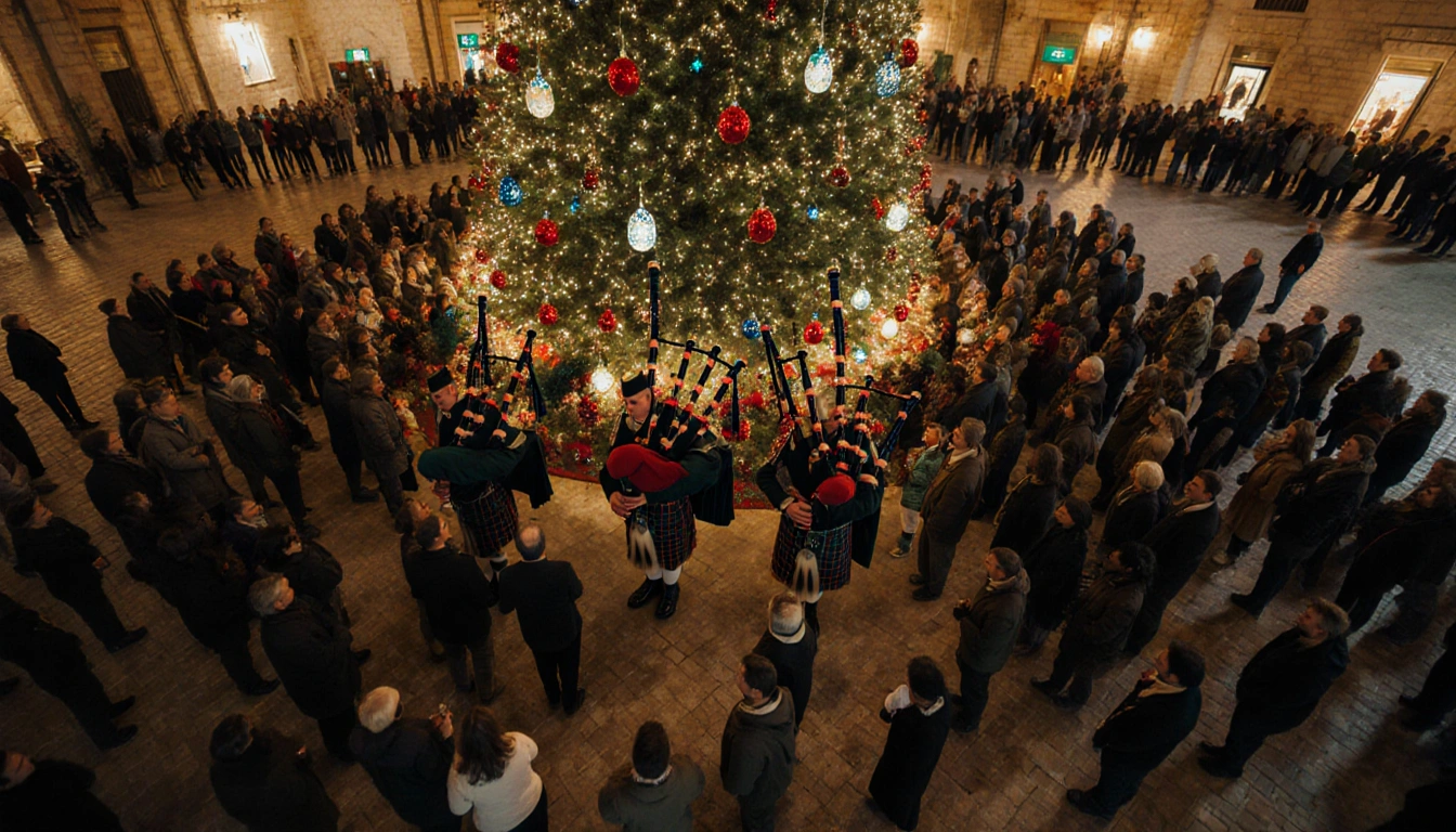 Scouts playing bagpipes with a towering Christmas tree and festive crowd in Bethlehem's Manger Square.