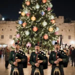 Scouts playing bagpipes with a giant Christmas tree and colorful lanterns in a joyful crowd