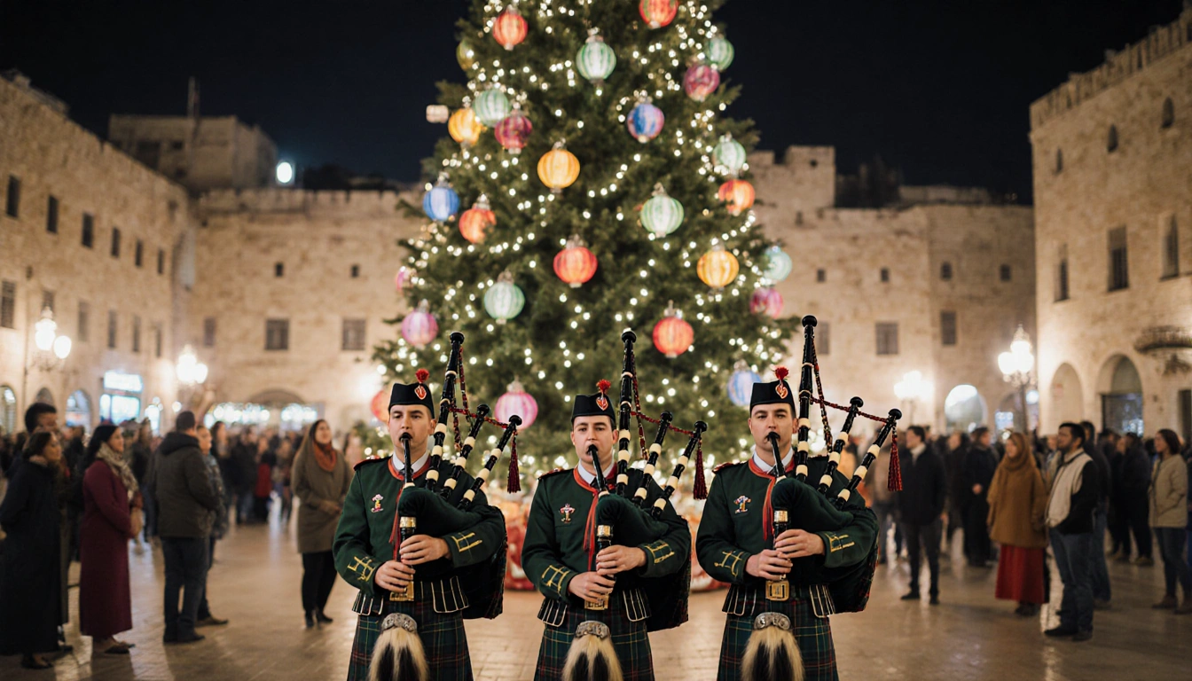 Scouts playing bagpipes with a giant Christmas tree and colorful lanterns in a joyful crowd