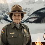 Betty Reid Soskin standing in front of a snowy landscape with National Park Service uniform and a warm fire glow