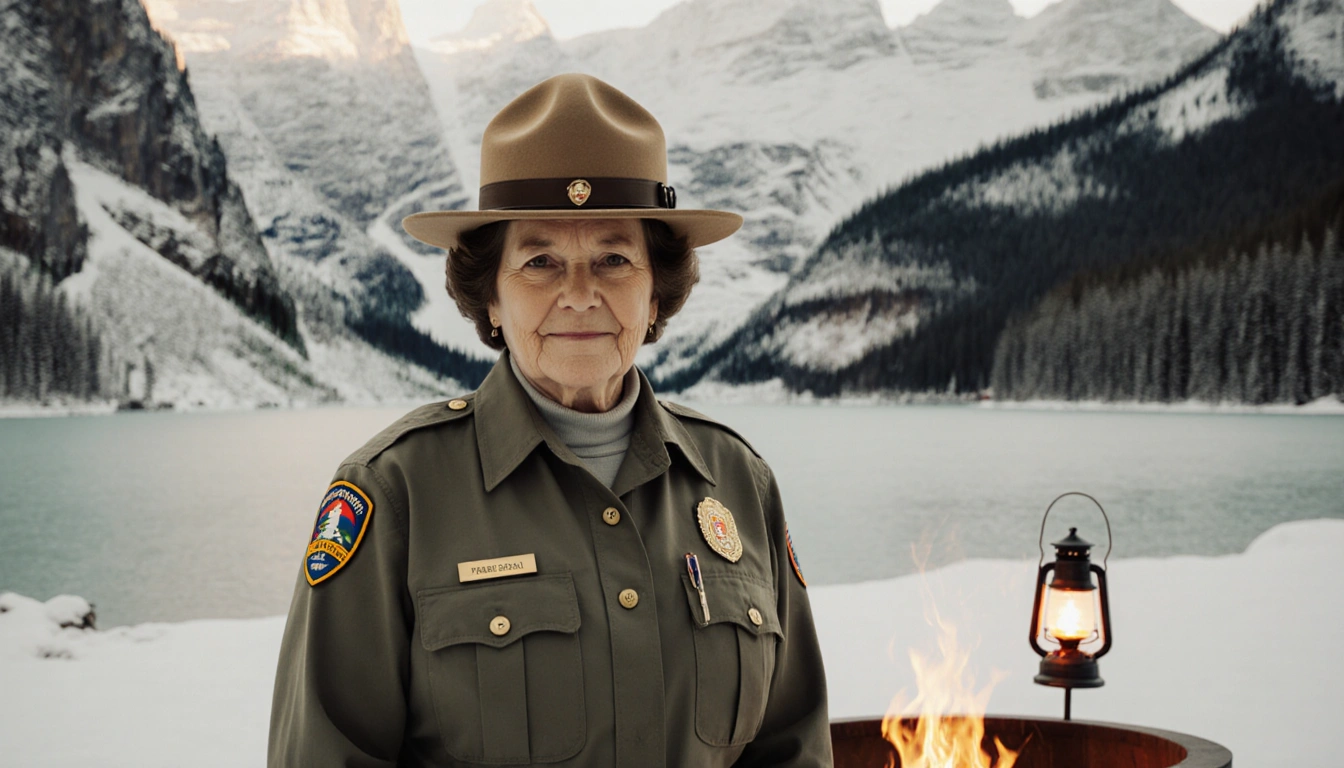 Betty Reid Soskin standing in front of a snowy landscape with National Park Service uniform and a warm fire glow