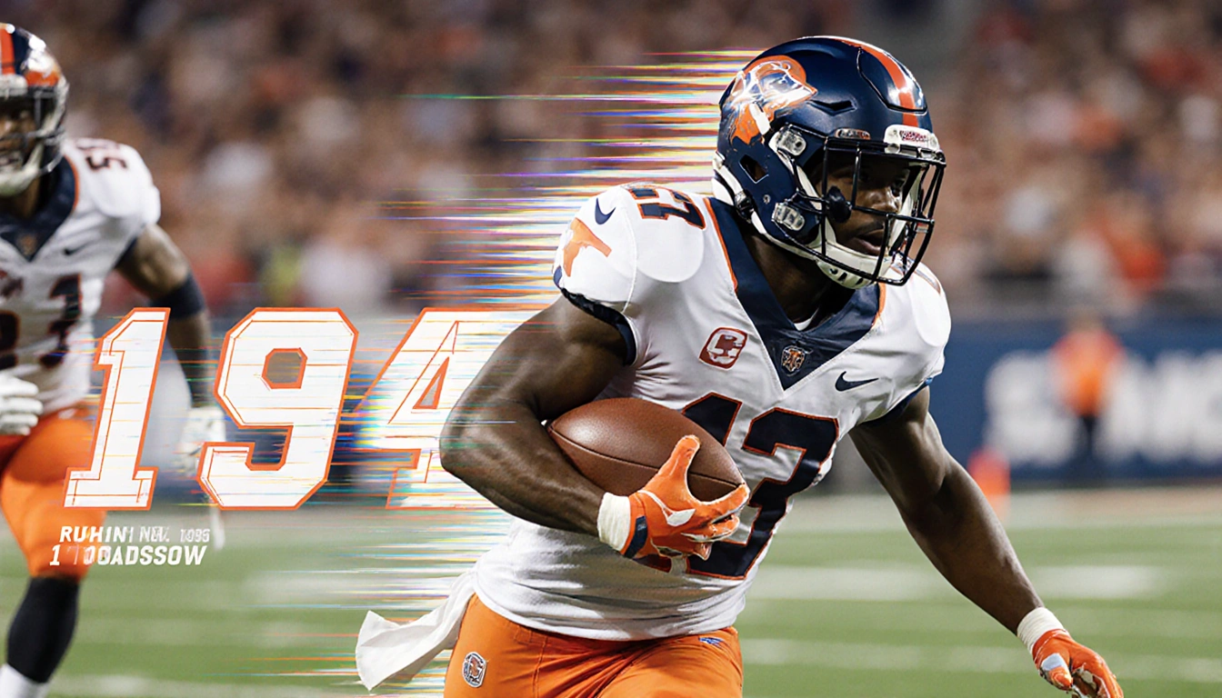 Bijan Robinson sprinting with the football and bright rushing stats on it as he barrels past defenders in a blurred field