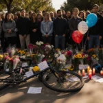Crowd mourns and celebrates with candles and flowers while a lone bike lies on its side surrounded by bouquets and cards