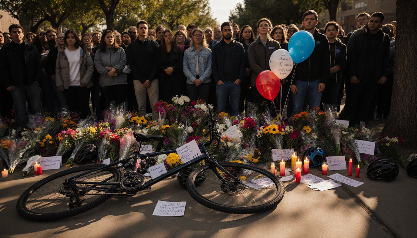 Crowd mourns and celebrates with candles and flowers while a lone bike lies on its side surrounded by bouquets and cards