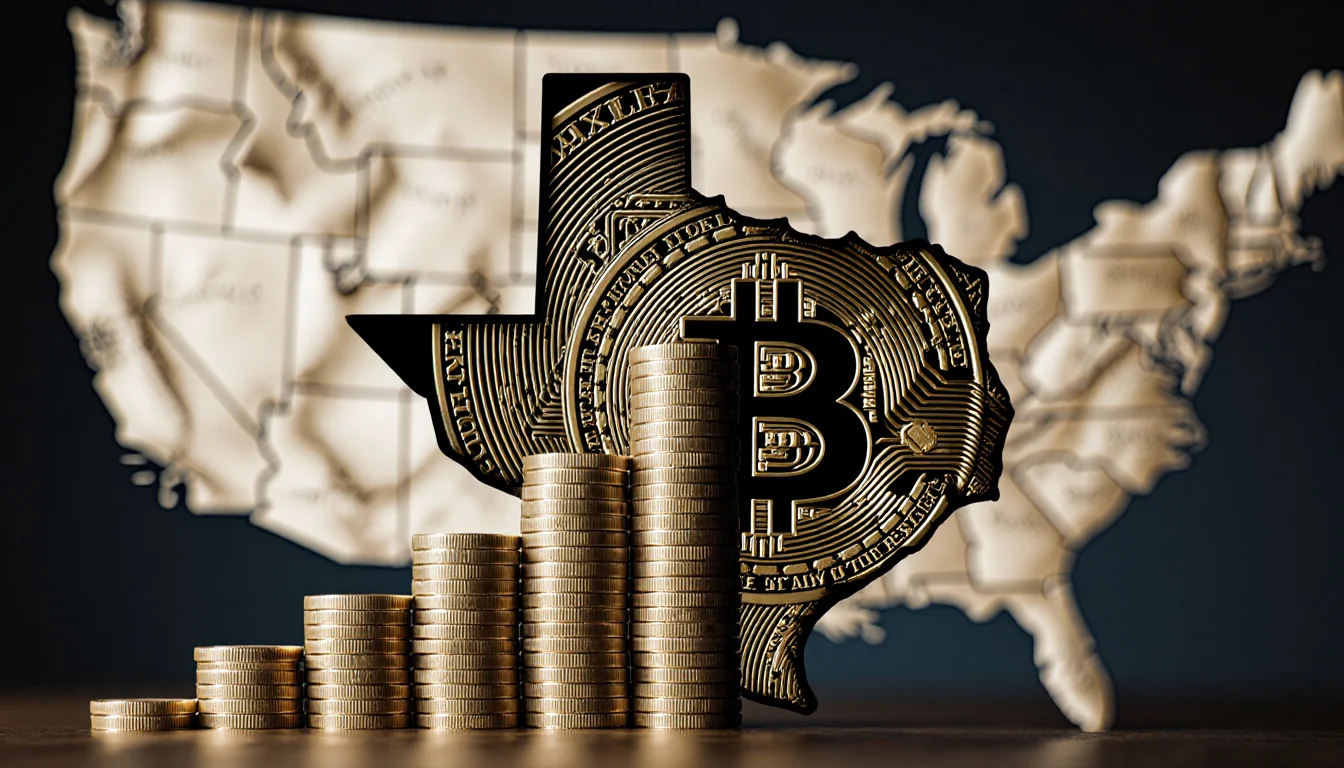 Bitcoin blocks stack into Texas shape with muted metallic texture and blurred US map background