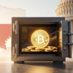 Vault opening slightly revealing Bitcoin inside with Texas flag backdrop and golden lighting