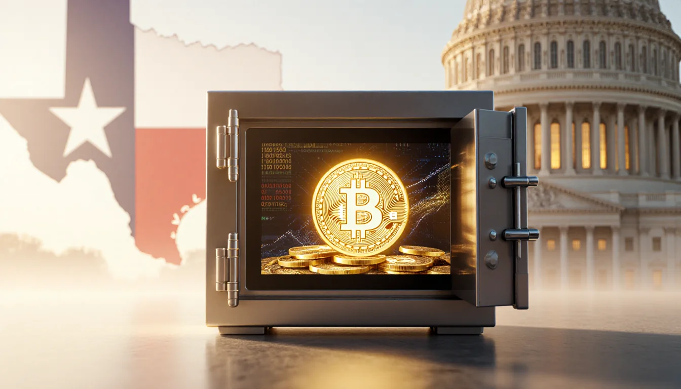 Vault opening slightly revealing Bitcoin inside with Texas flag backdrop and golden lighting