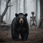 Black bear standing in misty forest clearing with skeletal remains of a hunt site in the distance