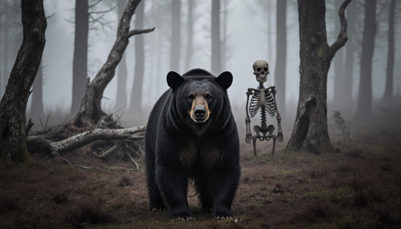 Black bear standing in misty forest clearing with skeletal remains of a hunt site in the distance