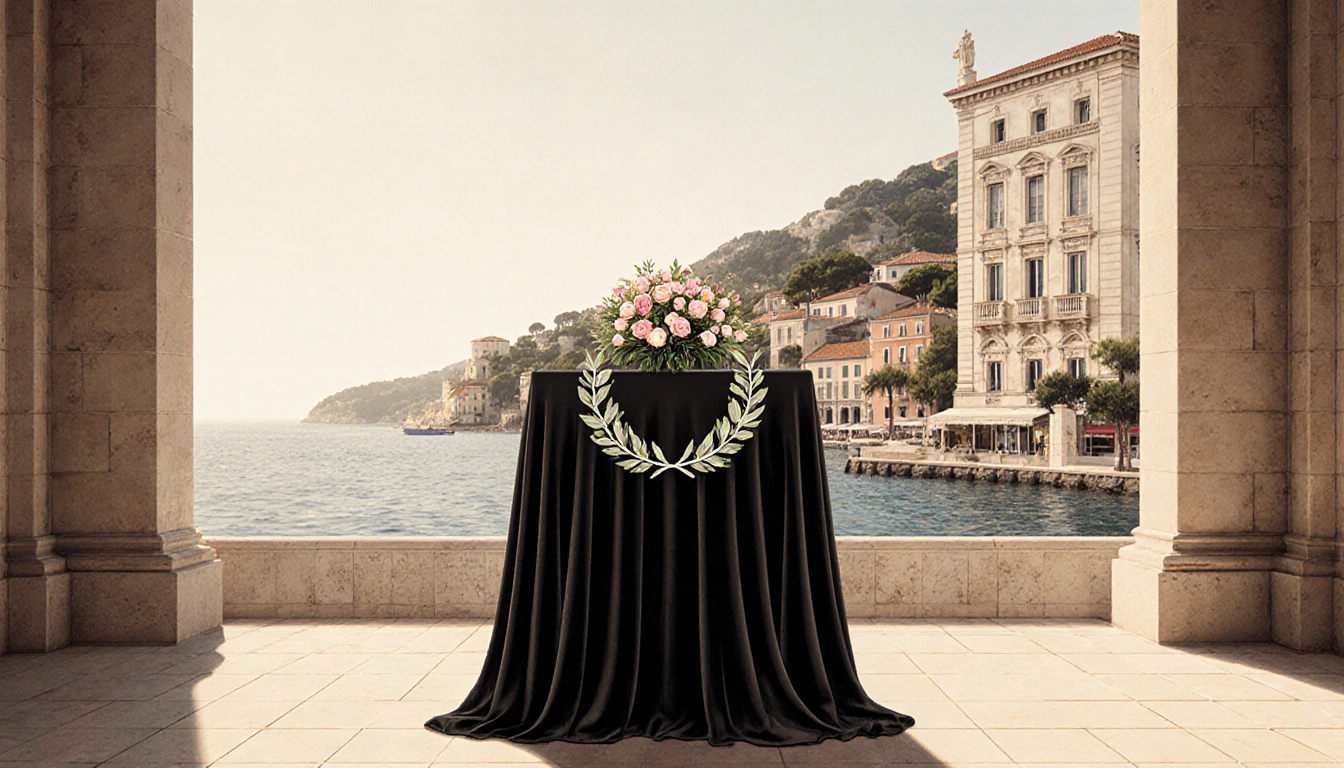 Black-draped podium displaying flowers and laurel wreaths under warm lighting in front of a French Riviera town hall