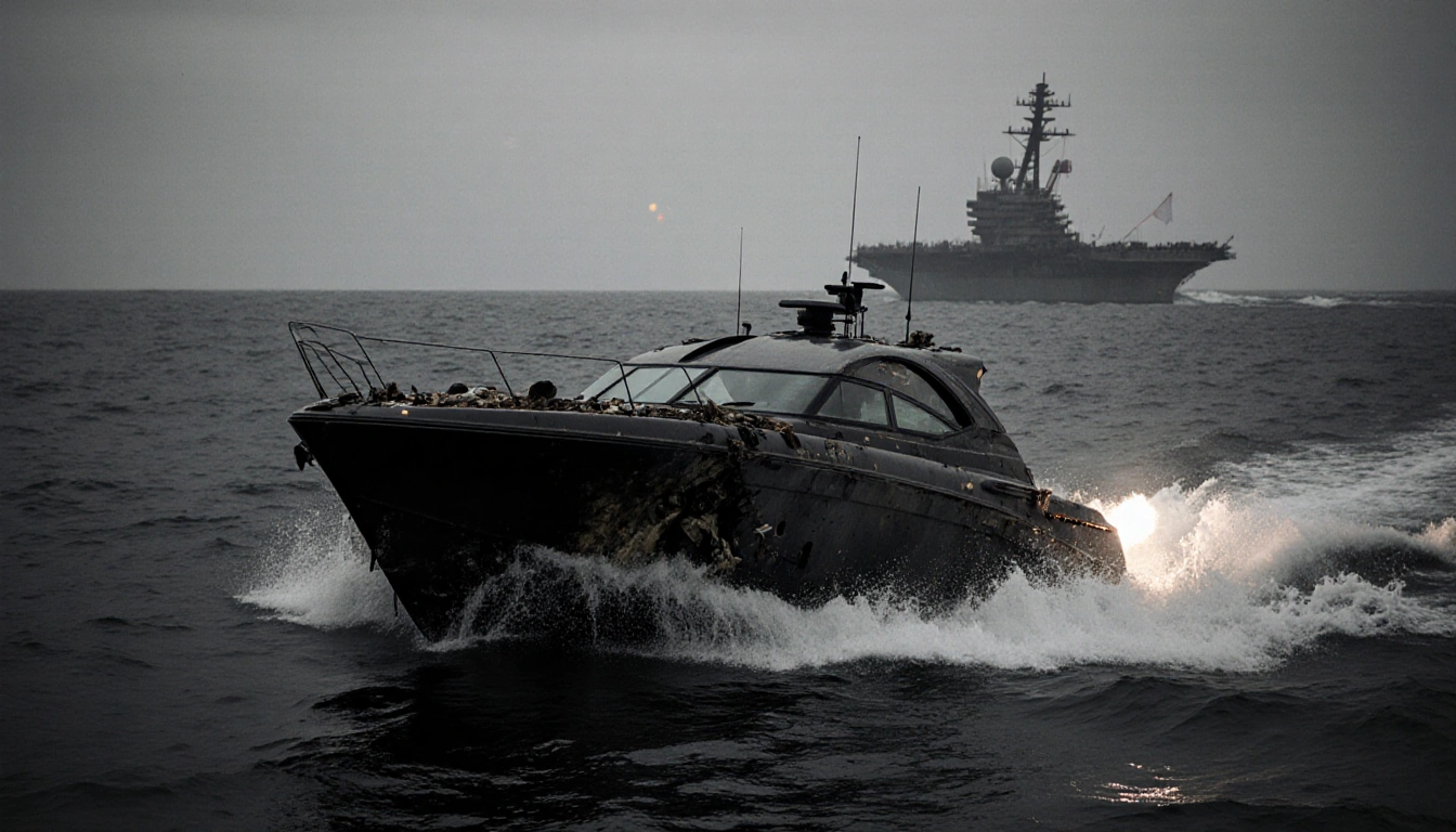 Sleek black speedboat submerged in waves with battle damage and a faint aircraft carrier outline behind a spotlight.