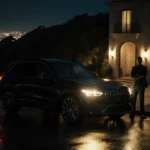 Suspect standing beside black SUV with golden headlights and neon night lights.
