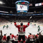 Nick Lardis raising his stick in celebration with teammates jumping in joy and a scoreboard showing a 4‑3 win.