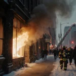 Firefighters rushing to battle a charred storefront with flames licking windows and snow‑covered sidewalk