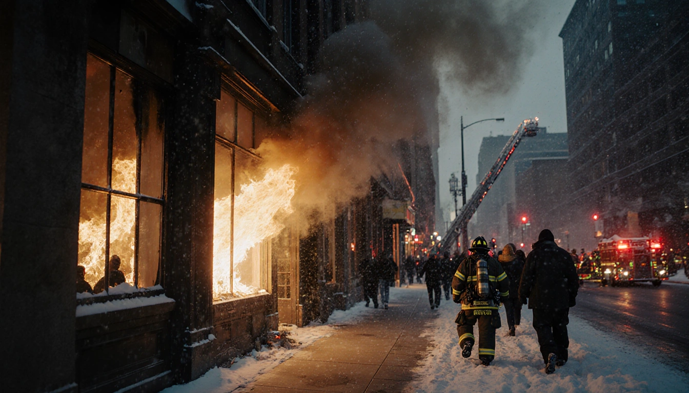 Firefighters rushing to battle a charred storefront with flames licking windows and snow‑covered sidewalk