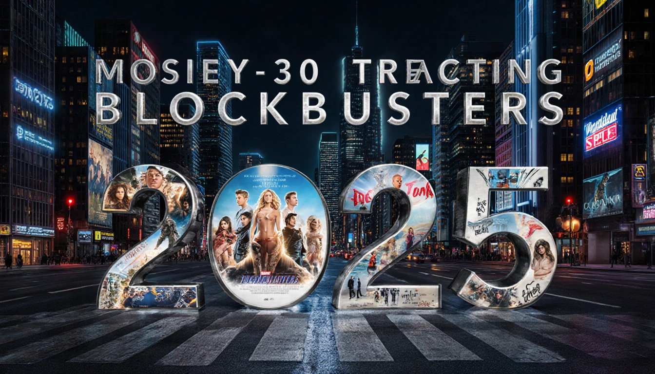 Skyscrapers glow with blockbuster titles and logos in neon lights across cityscape