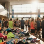 Runners gather at the Convention Center entrance with bright light and scattered medals and bibs for the BMW Dallas Marathon.