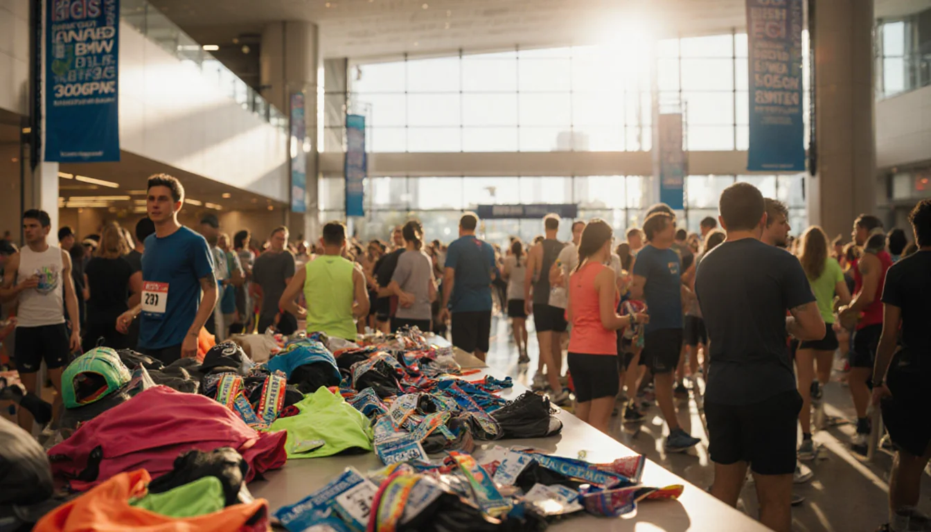 Runners gather at the Convention Center entrance with bright light and scattered medals and bibs for the BMW Dallas Marathon.