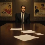 Affinity Partners team exits boardroom with scattered papers and a half‑filled deal sheet left under golden lighting