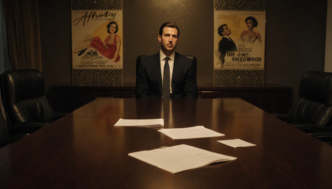 Affinity Partners team exits boardroom with scattered papers and a half‑filled deal sheet left under golden lighting